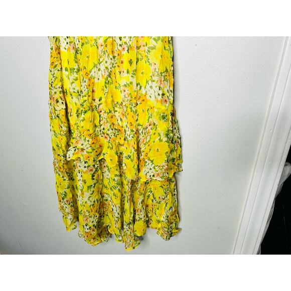 SHOSHANNA Yellow Floral Chiffon Short Flutter Sleeve Ruffle Hemline Dress size 0 - Picture 10 of 13